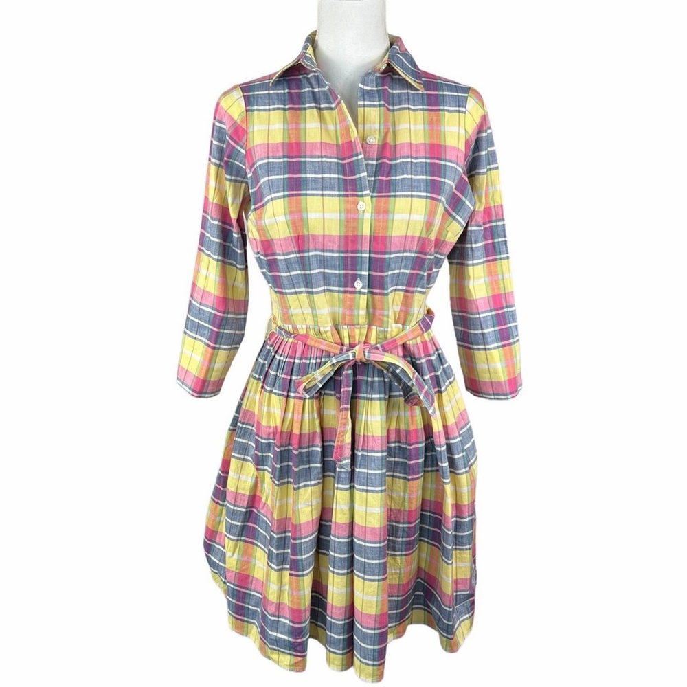 🎯Lands End Madras Plaid Shirt Dress Pleated Preppy Cotton Plaid Button-Up 6